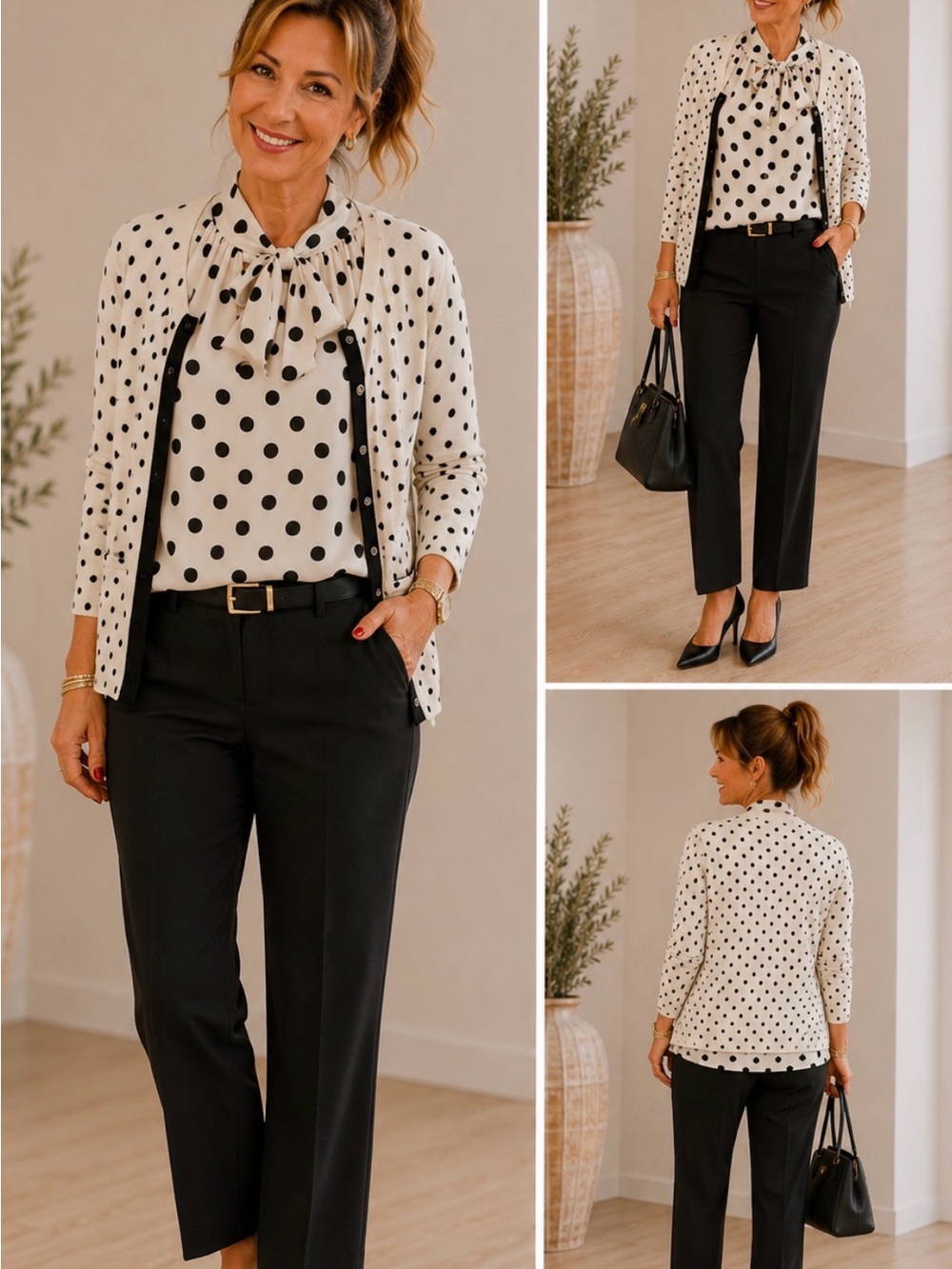 White House Black Market White and Black Polka Dot Blouse with Matching Cardigan